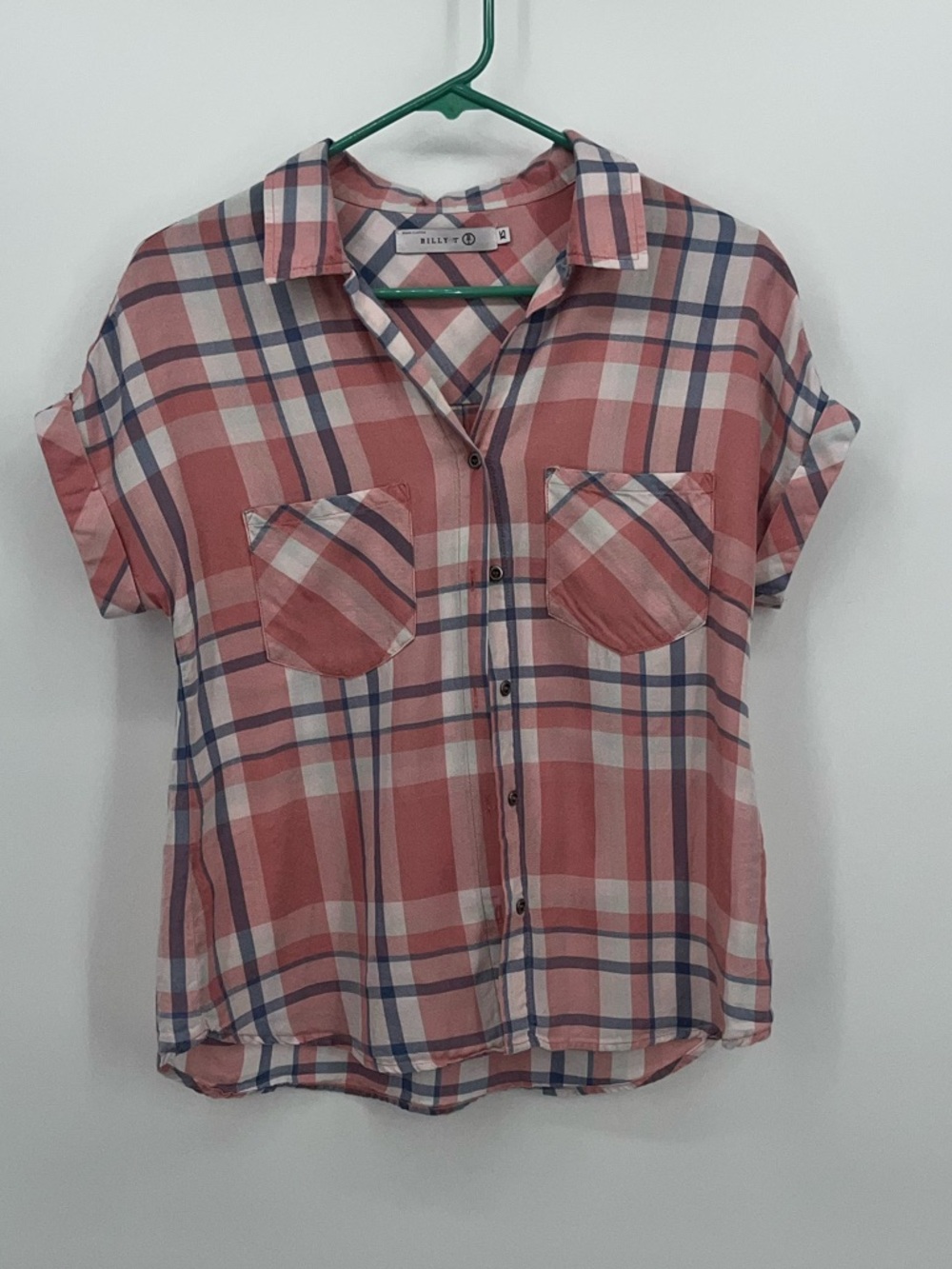Billy T capped sleeve pink plaid shirt. Size XS. Like new.
